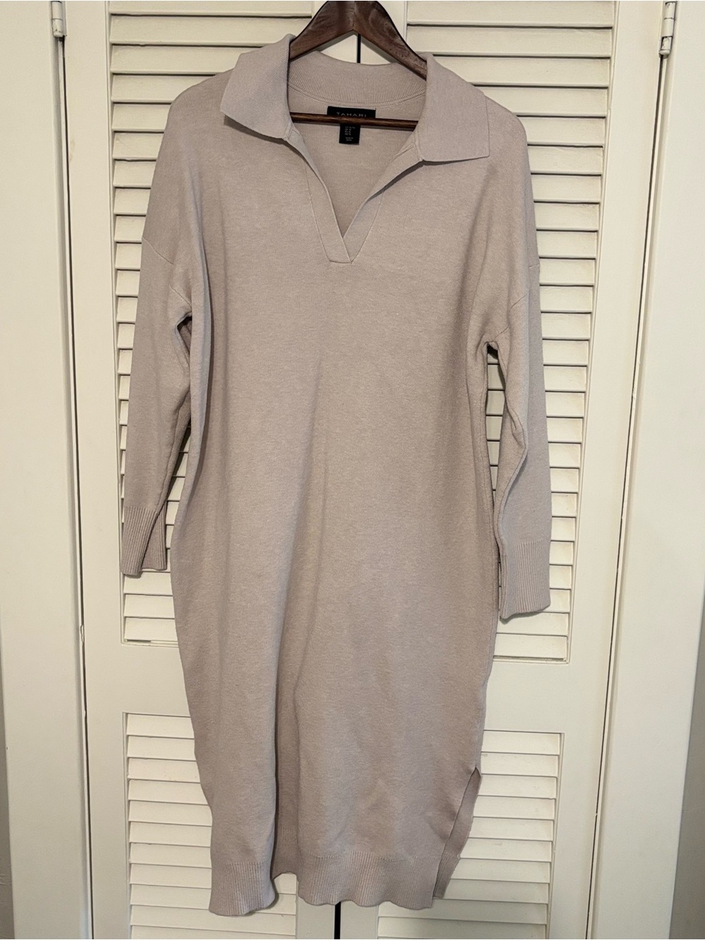 Tahari Taupe Polo-Collar Long Sleeve Knit Dress